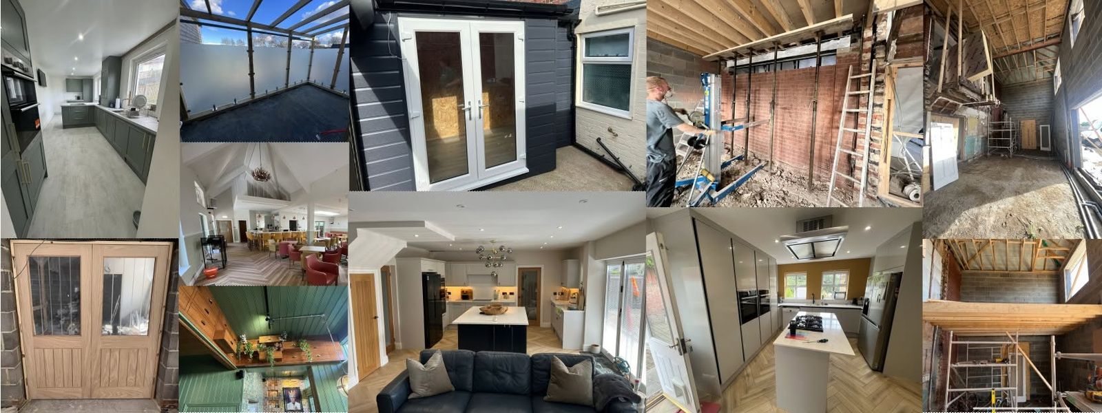Collage of joinery work: staircase, French doors and loft conversion