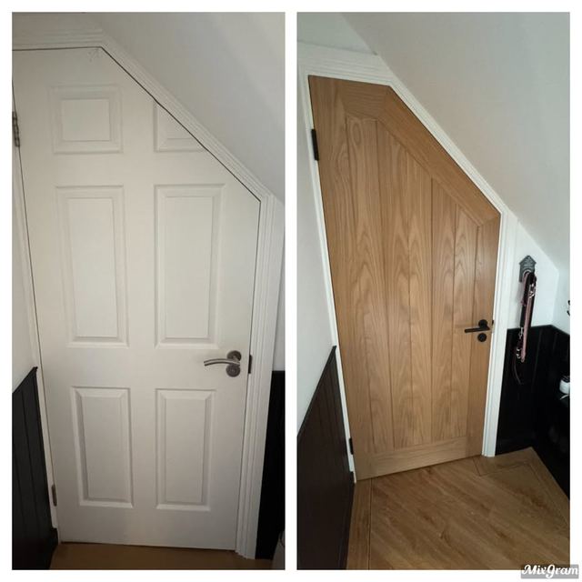 White panelled door and oak door fitted under the stairs